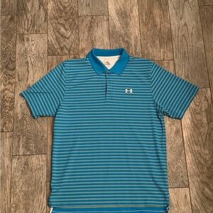 Under Armour HEAT GEAR. Teal, Yellow, & White Striped Performance Polo